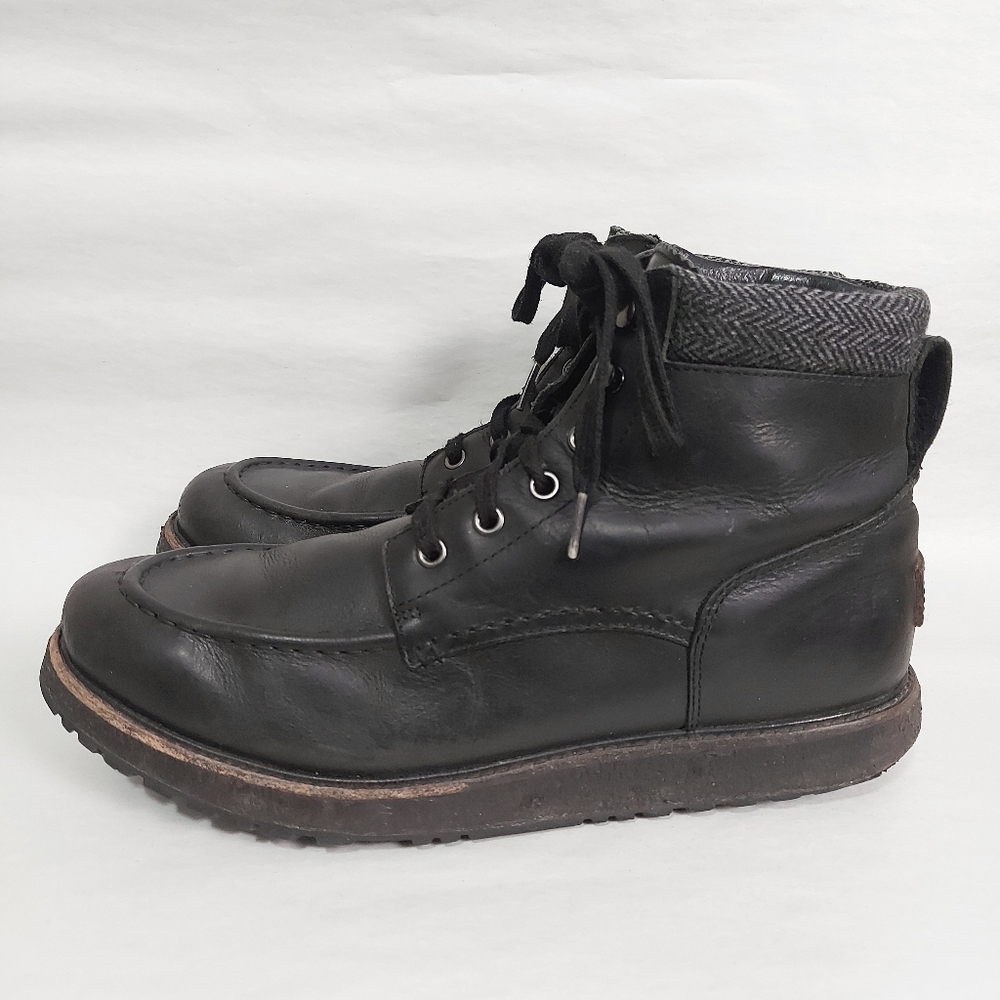 UGG Men Edgy Moto Combat Laceup Boots Black Leather High Ankle Motorcycle Hiking - Picture 4 of 11